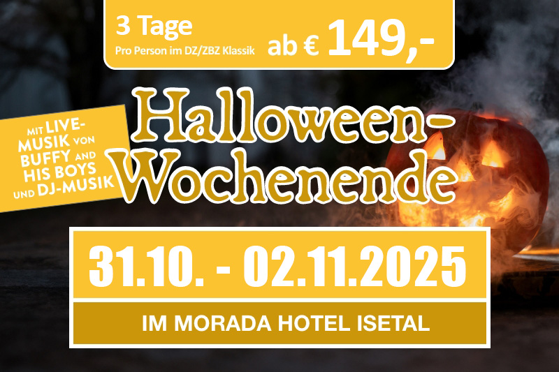 Werbung für ein Halloween-Wochenende im Morada Hotel Isetal Gifhorn mit Live-Musik, DJ und einem Kürbis im Hintergrund.