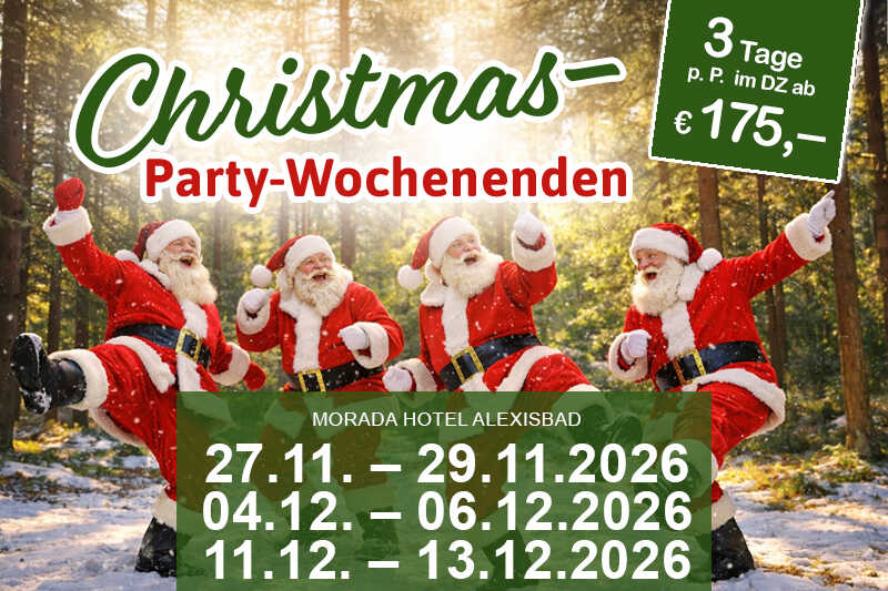 Illustration mit vier Tanzen Weihnachtsmännern und Rentier, Text: Christmas-Party-Wochenenden an drei Terminen im Dezember 2026.