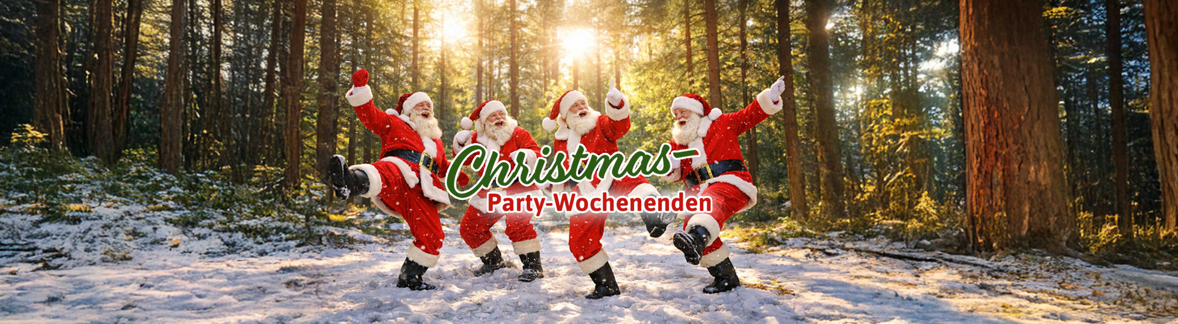 Weihnachtliches Bild mit lächelndem Weihnachtsmann, Schneeflocken, Rentier und dem Text 'Christmas-Party-Wochenenden'.