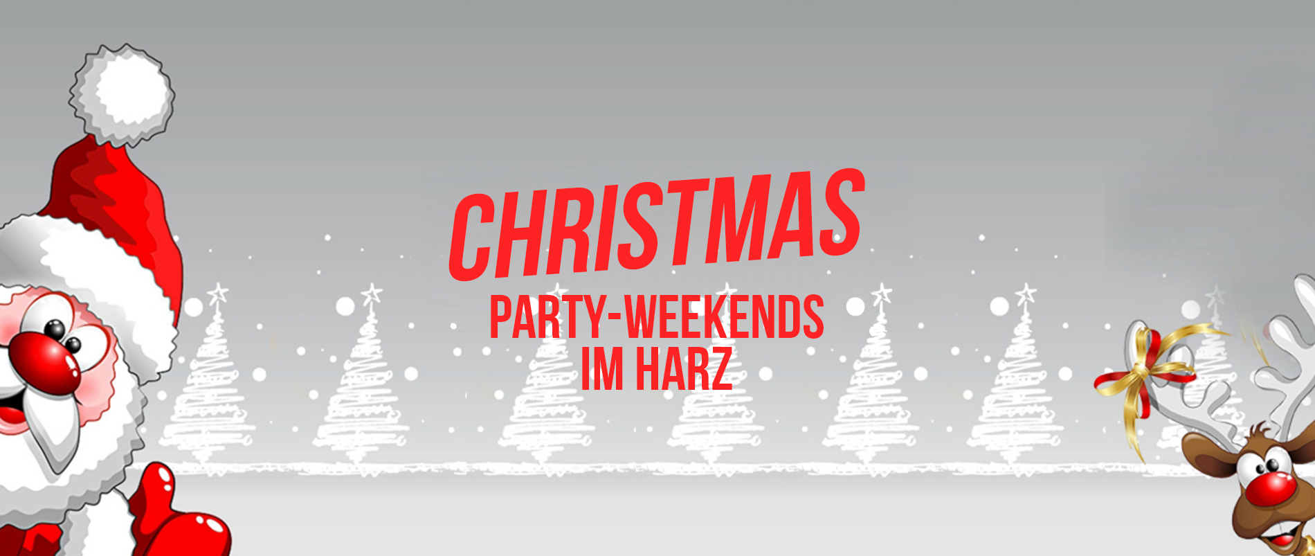 Weihnachtliches Bild mit lächelndem Weihnachtsmann, Schneeflocken, Rentier und dem Text 'Christmas-Party-Wochenenden'.