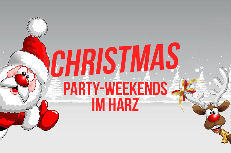 Illustration mit Weihnachtsmann und Rentier, Text: Christmas-Party-Wochenenden an drei Terminen im Dezember 2024.