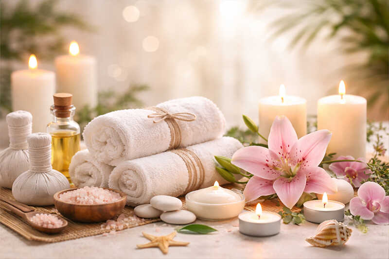 Entspannte Wellness-Szene mit weißen Orchideen, braunem Handtuch, Bimsstein und Kerze auf einem Holztisch.