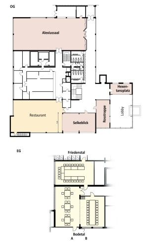 Grundriss eines Gebäudes mit beschrifteten Räumen wie Alexiussaal, Restaurant, Selkeblick, und Räumlichkeiten auf zwei Etagen.