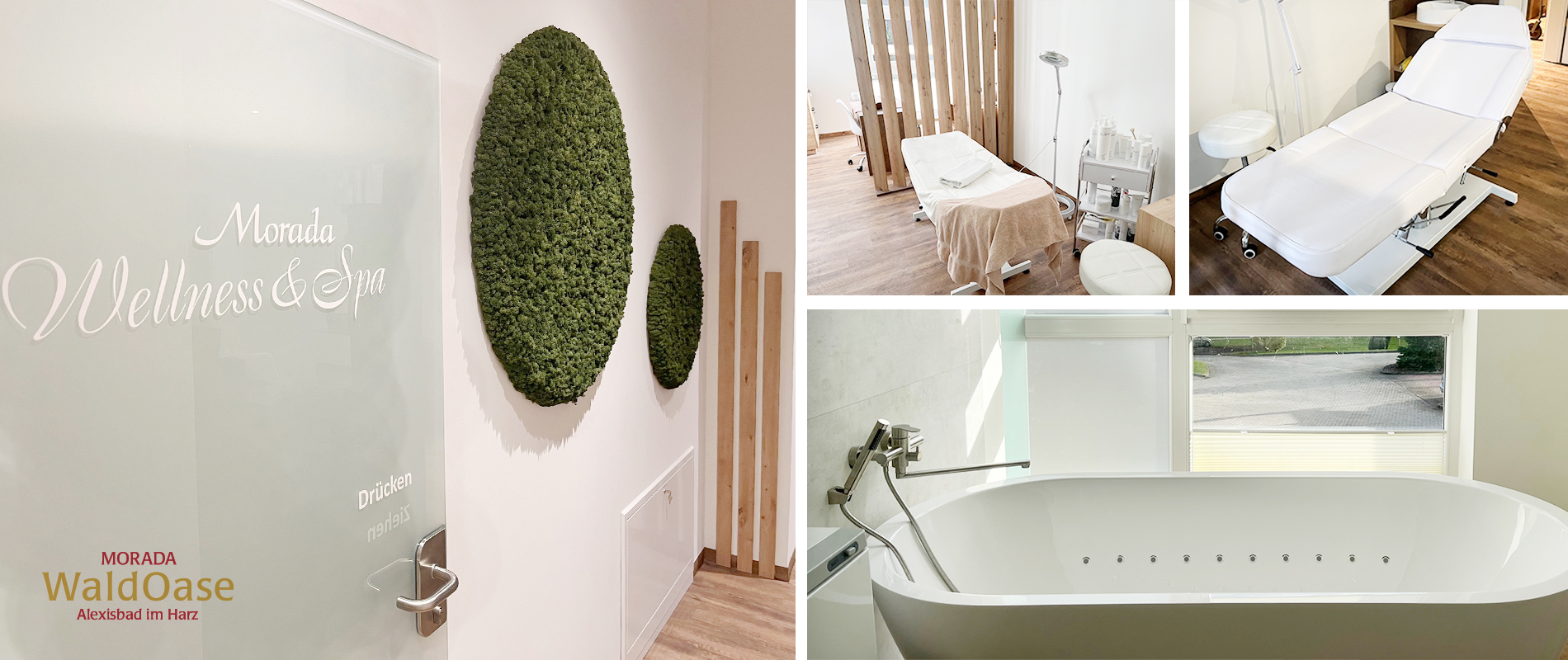 Collage aus einem Wellnessbereich mit Behandlungsräumen und einer Badewanne im MORADA WaldOase Hotel.